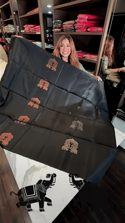 Majestic Black – Banarasi Soft Silk Saree with Antique Copper Zari & Elephant Motifs