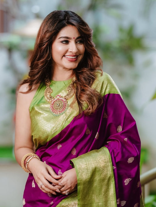 Royal Orchid – Banarasi Soft Silk Saree with Contrasting Zari Border