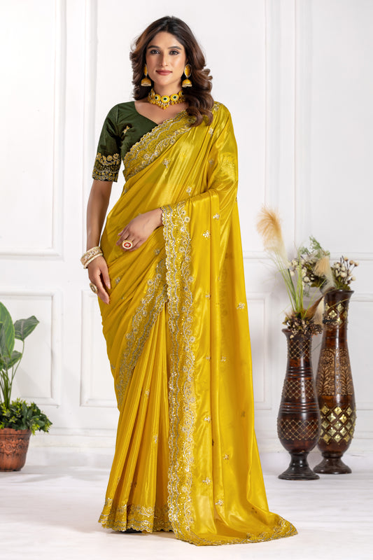Royal Yellow Fandy Sifforn Saree Embroidery and Hand Work with Zari, Sequin & Contrast Detailing