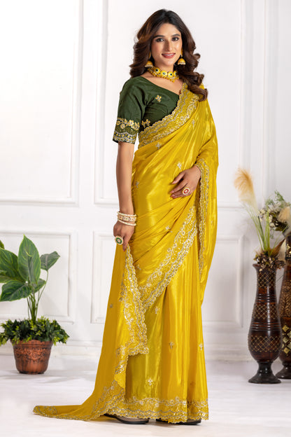 Royal Yellow Fandy Sifforn Saree Embroidery and Hand Work with Zari, Sequin & Contrast Detailing