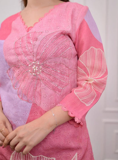 Heavy Schiffli Linen-Cotton Suit with Hand Khatli Neck