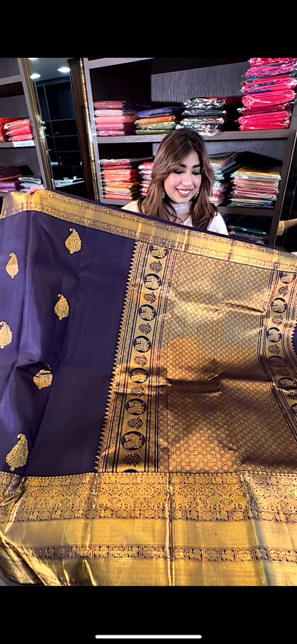 Elegant Purple Banarasi Soft Silk Saree with Golden Butta Weaving