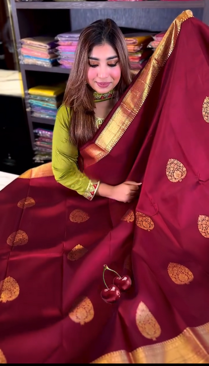 Cherry Glow – Banarasi Soft Silk Saree with Copper Zari Weaving