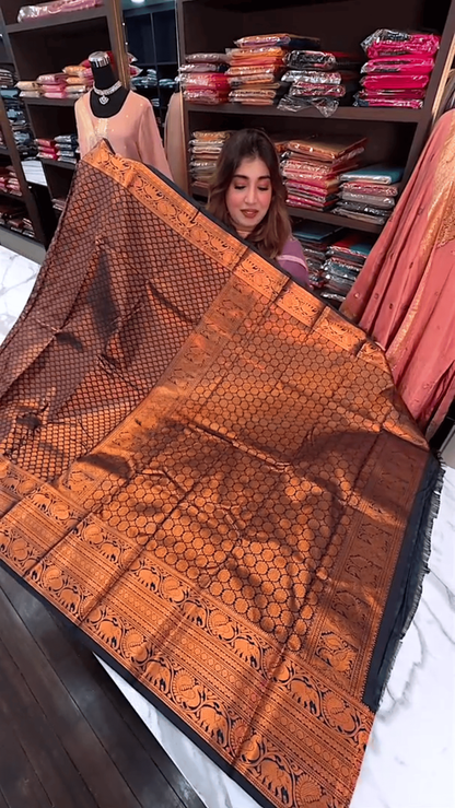 Regal Rust – Banarasi Soft Silk Saree with Majestic Elephant Zari Border