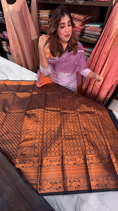 Regal Rust – Banarasi Soft Silk Saree with Majestic Elephant Zari Border
