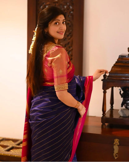 Elegant Navy Blue Banarasi Soft Silk Saree with Red Border & Gold Zari Weaving