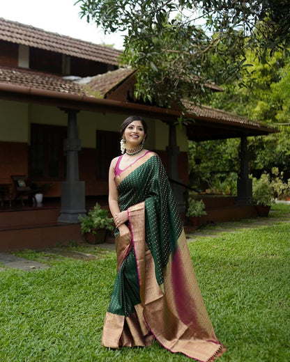 Elegant Green Banarasi Soft Silk Saree with Gold Zari Border