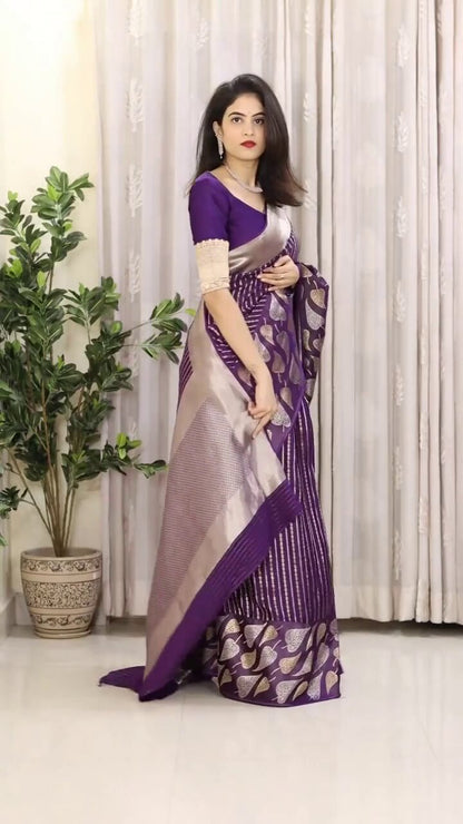 Elegant Banarasi Soft Silk Saree with Gold & Silver Zari Weaving
