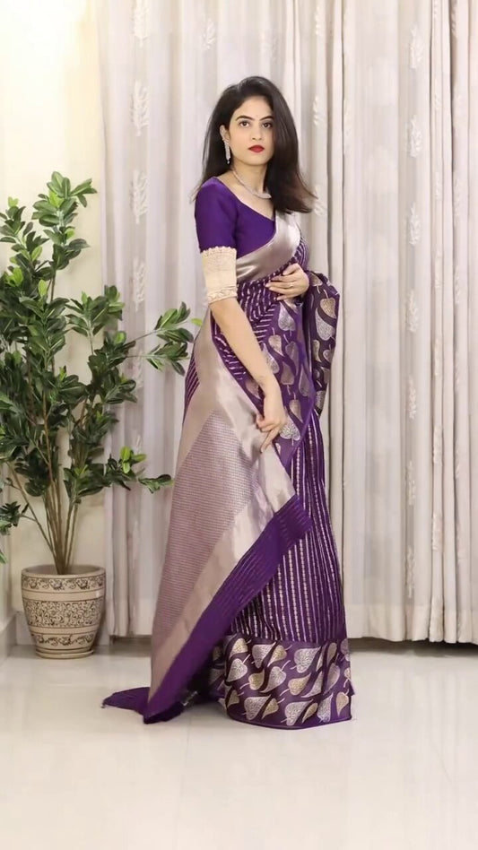 Elegant Banarasi Soft Silk Saree with Gold & Silver Zari Weaving