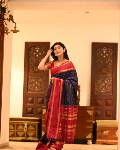 Elegant Navy Blue Banarasi Soft Silk Saree with Red Border & Gold Zari Weaving