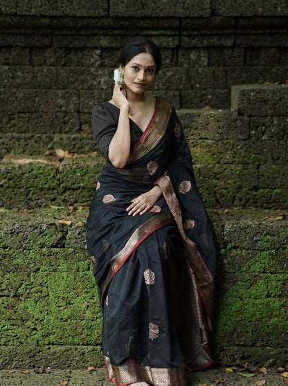 Graceful Elegance – Banarasi Soft Silk Saree with Gold Zari Weaving