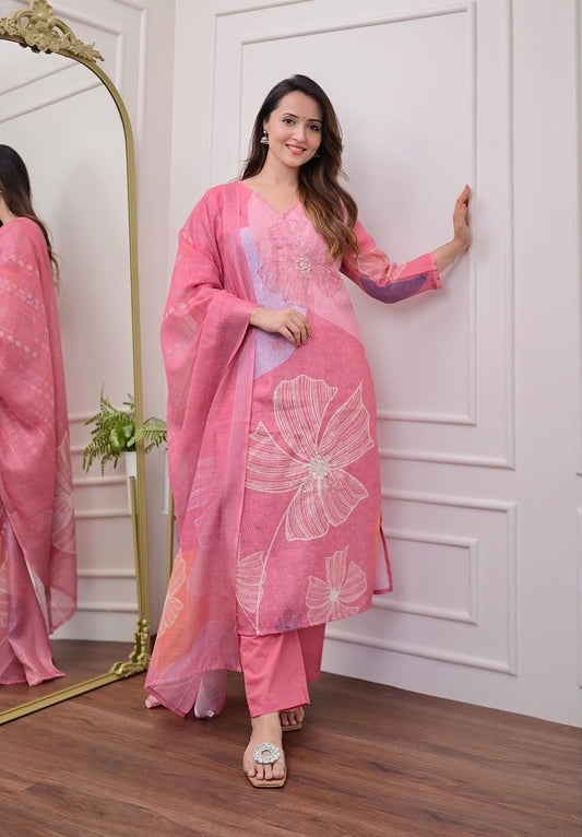 Heavy Schiffli Linen-Cotton Suit with Hand Khatli Neck