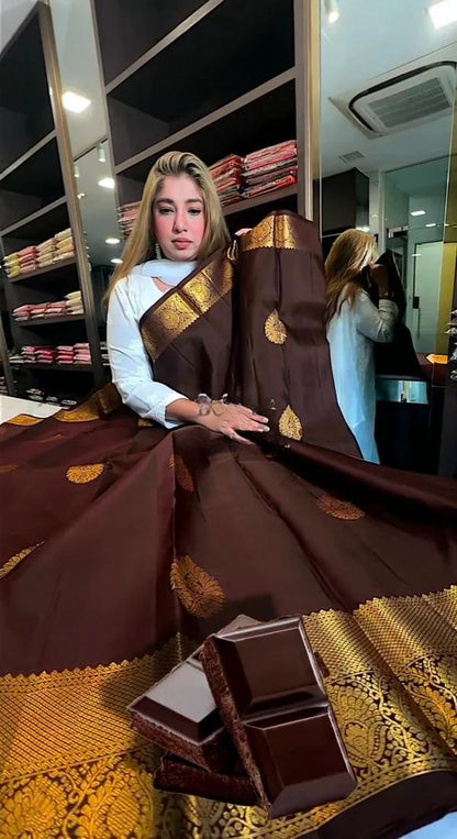 Rich Chocolate Brown – Banarasi Soft Silk Saree with Golden Zari Buttas
