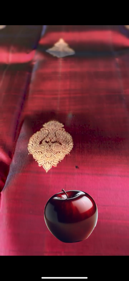 Cherry Glow – Banarasi Soft Silk Saree with Copper Zari Weaving