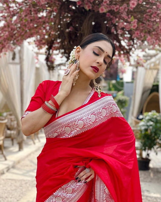 Premium Banarasi Soft Silk Saree with Exquisite Silver Zari & Heavy Brocade Detailing