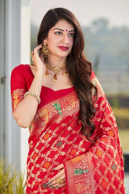 Punch Pink Handcrafted Kanjivaram Saree with All-Over Zari Weaving