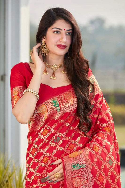 Punch Pink Handcrafted Kanjivaram Saree with All-Over Zari Weaving