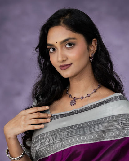 Elegant Purple Banarasi Soft Silk Saree with Silver Zari Border