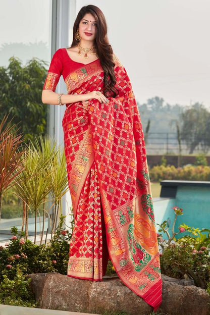 Punch Pink Handcrafted Kanjivaram Saree with All-Over Zari Weaving