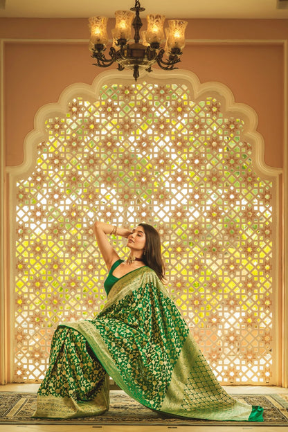Elegant Banarasi Soft Silk Saree Featuring Heavy Brocade and Gold Zari Work