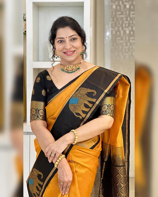Banarasi Soft Silk Saree with Rich Elephant Border & Pallu Design