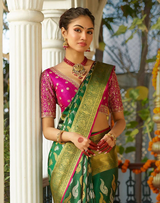 Elegant Green Banarasi Soft Silk Saree with Gold & Silver Zari Weaving