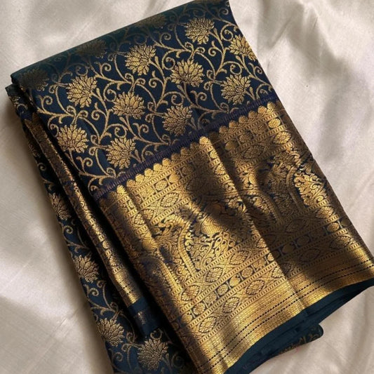 Elegant Black Banarasi Soft Silk Saree with Golden Peacock & Floral Zari Weaving