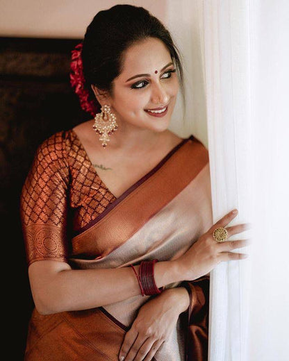 Elegant Banarasi Soft Silk Saree with Copper Zari Weaving