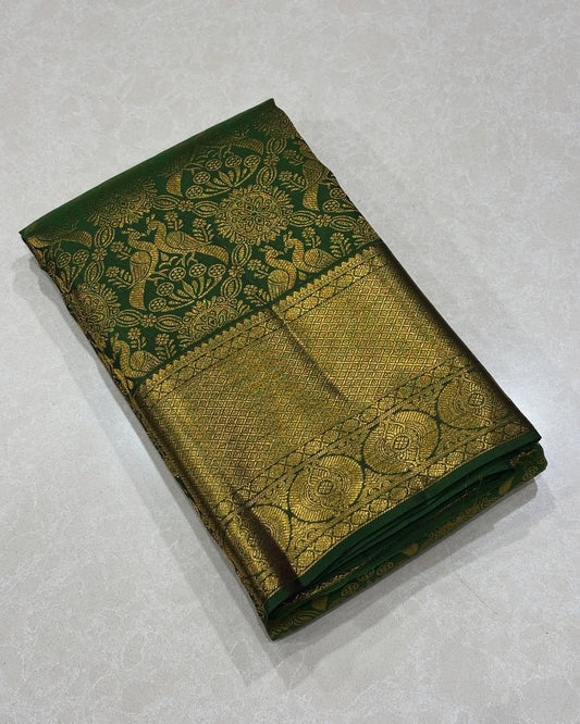Elegant Green Banarasi Soft Silk Saree with Golden Floral Zari Weaving