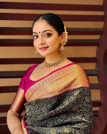 Elegant Black Banarasi Soft Silk Saree with Gold Zari Weaving