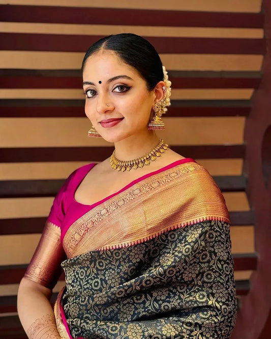 Elegant Black Banarasi Soft Silk Saree with Gold Zari Weaving