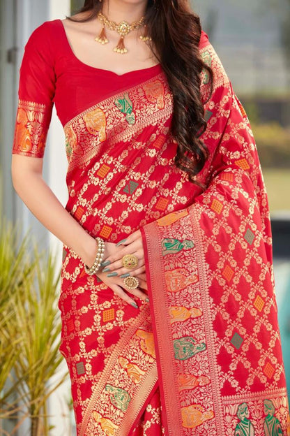 Punch Pink Handcrafted Kanjivaram Saree with All-Over Zari Weaving