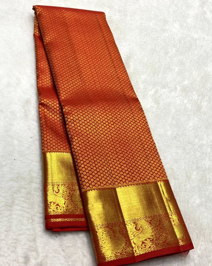 Elegant Orange Banarasi Soft Silk Saree with Golden Zari Weaving