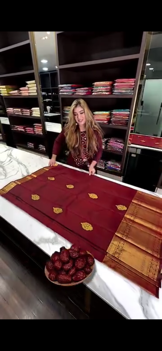 Elegant Maroon Banarasi Soft Silk Saree with Golden Butta Weaving