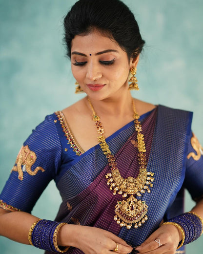 Elegant Purple & Blue Banarasi Soft Silk Saree with Gold & Silver Zari Weaving