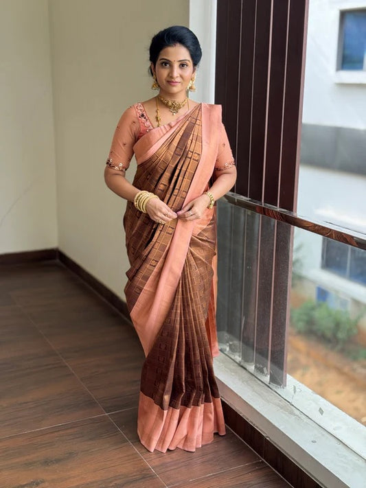 Elegant Peach & Brown Banarasi Soft Silk Saree with Gold Zari Weaving