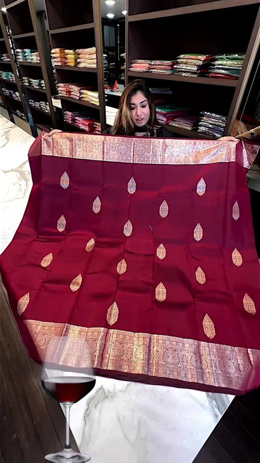 Elegant Maroon Banarasi Soft Silk Saree with Golden Butta Weaving