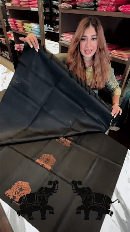 Majestic Black – Banarasi Soft Silk Saree with Antique Copper Zari & Elephant Motifs