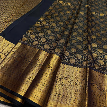Elegant Black Banarasi Soft Silk Saree with Golden Peacock & Floral Zari Weaving
