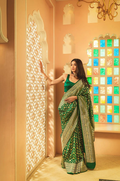 Elegant Banarasi Soft Silk Saree Featuring Heavy Brocade and Gold Zari Work