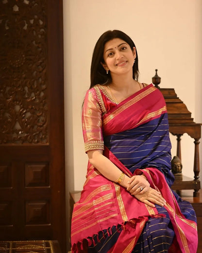 Elegant Navy Blue Banarasi Soft Silk Saree with Red Border & Gold Zari Weaving