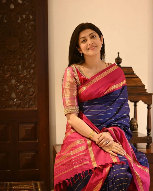 Elegant Navy Blue Banarasi Soft Silk Saree with Red Border & Gold Zari Weaving