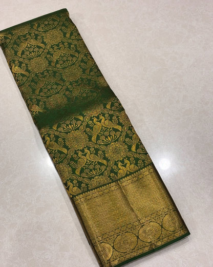 Elegant Green Banarasi Soft Silk Saree with Golden Floral Zari Weaving