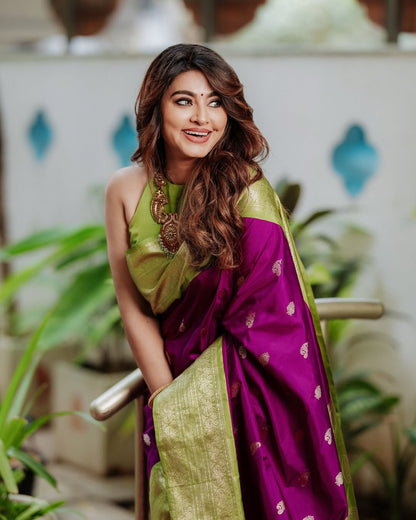 Royal Orchid – Banarasi Soft Silk Saree with Contrasting Zari Border