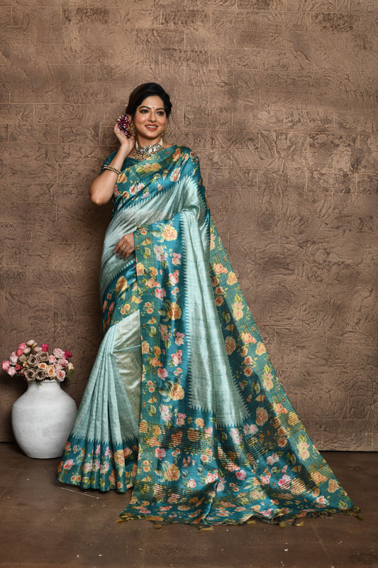 Alluring Beauty: Contrast Floral Print Tussar Silk Saree