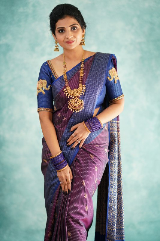 Elegant Purple & Blue Banarasi Soft Silk Saree with Gold & Silver Zari Weaving