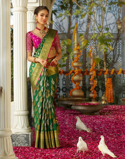Elegant Green Banarasi Soft Silk Saree with Gold & Silver Zari Weaving