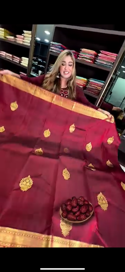 Elegant Maroon Banarasi Soft Silk Saree with Golden Butta Weaving