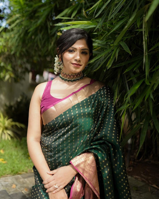 Elegant Green Banarasi Soft Silk Saree with Gold Zari Border