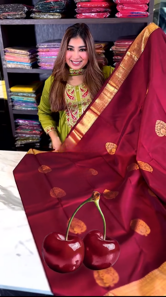 Cherry Glow – Banarasi Soft Silk Saree with Copper Zari Weaving